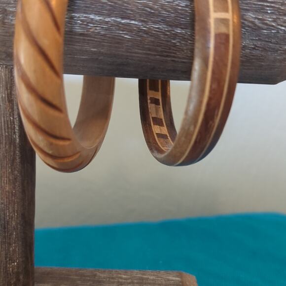 Two Wooden Bangle Bracelets One Carved with Swirl Pattern and One Inlay - Picture 3 of 5